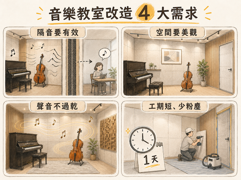 音樂教室隔音改造四大需求：隔音、美觀、保留樂器自然聲音、短工期少粉塵