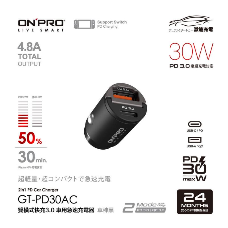 【ONPRO】GT-PD30AC 雙模式快充 PD30W+QC3.0 隱藏式車充