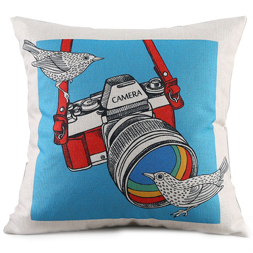 創意相機圖案抱枕套(藍底相機鳥)